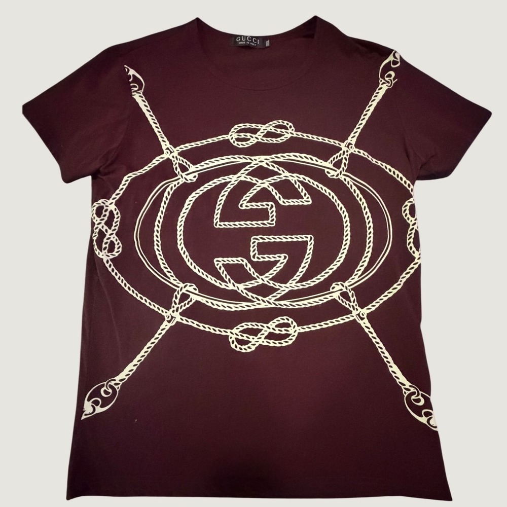 Gucci Mens Burgundy Interlocking G Rope Graphic T-Shirt XXL Made in Italy - Picture 4 of 6